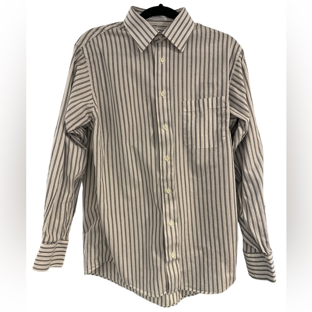 Burberry Men Dress Shirt Gray/White Striped 100% Cotton Excellent 15 1/2 33 USA
